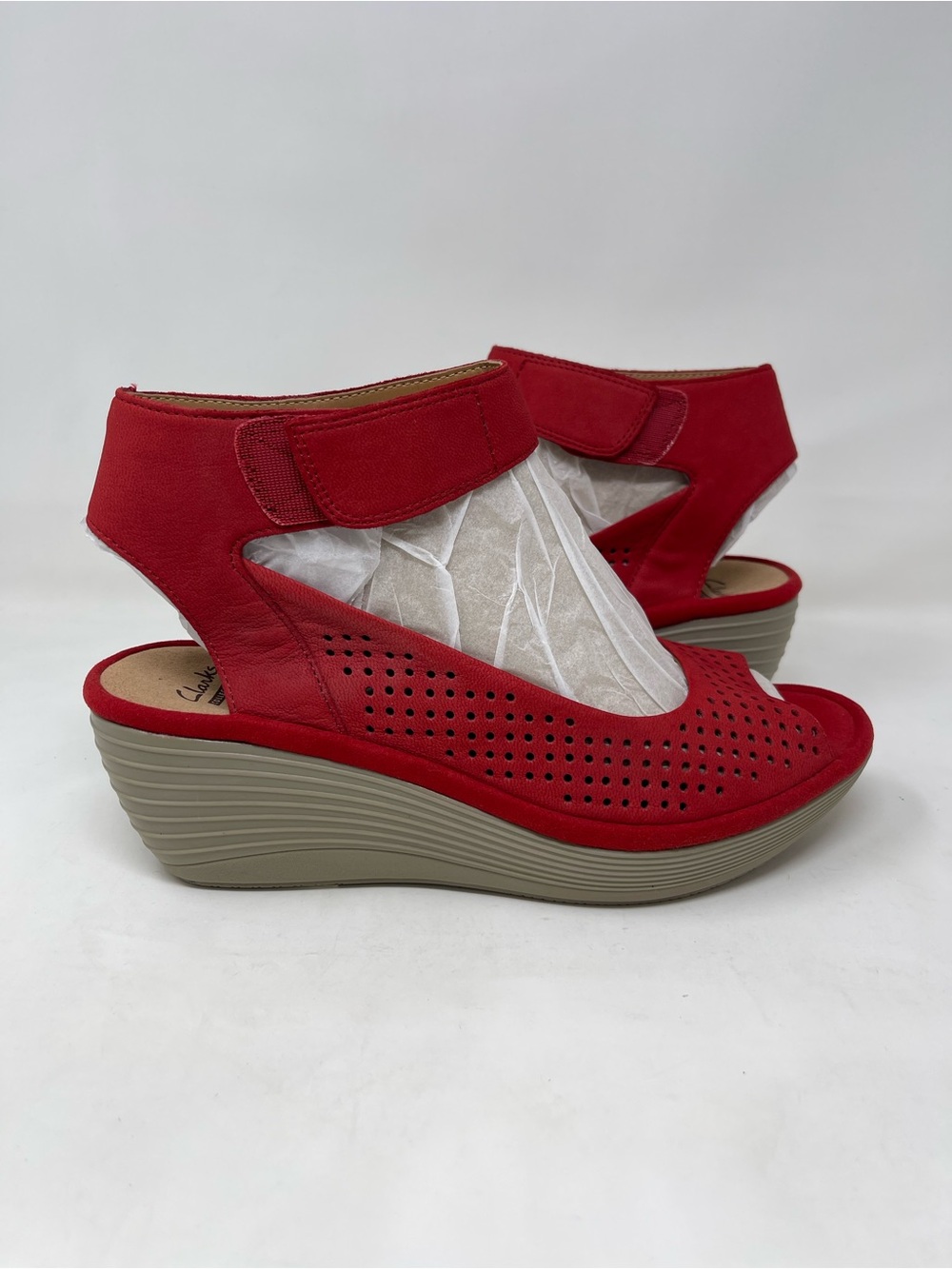 Clarks Red Perforated Ankle-Strap Wedge Sandals - Picture 4 of 8